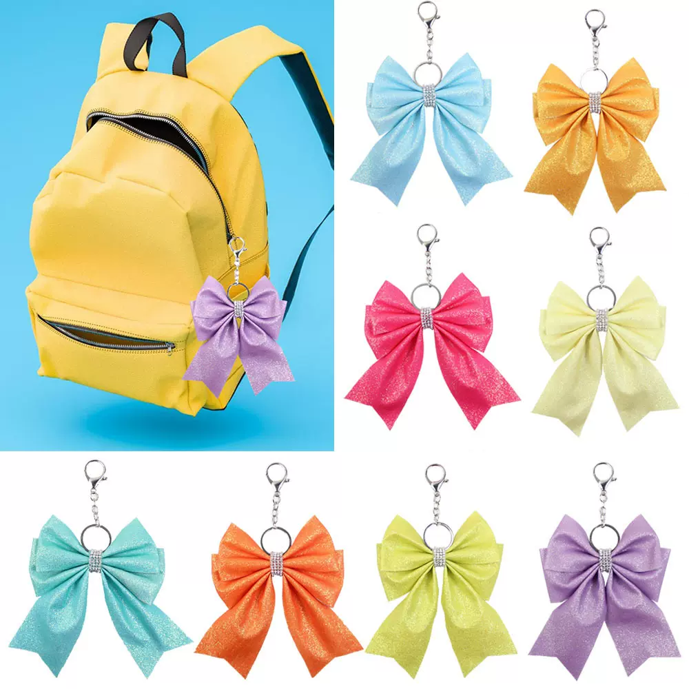 跨境新品欧美啦啦队挂饰 闪亮皮革蝴蝶结钥匙扣书包挂饰配件女孩