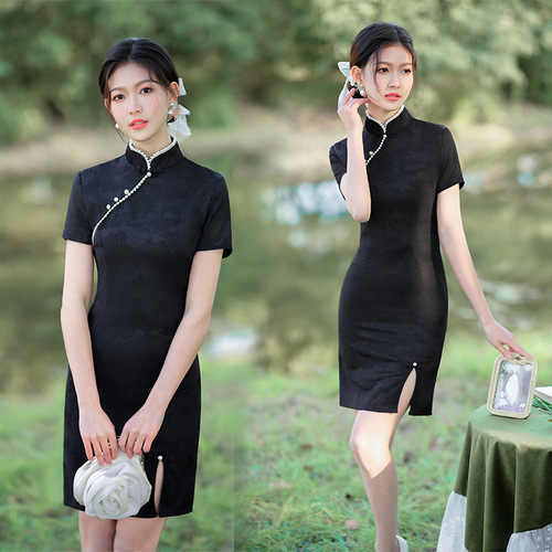 Girls female black elastic jacquard qipao model show photos retro chinese dress miss etiquette cheongsam dress sleeve dresses for women