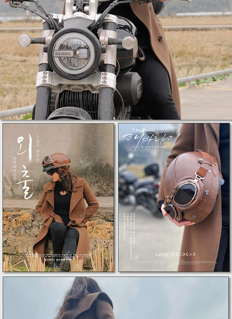 Retro Leather Half-Helmet Motorcycle Helmet for Men and Women, 3C Certified Electric Scooter Riding Safety Helmet with Goggles