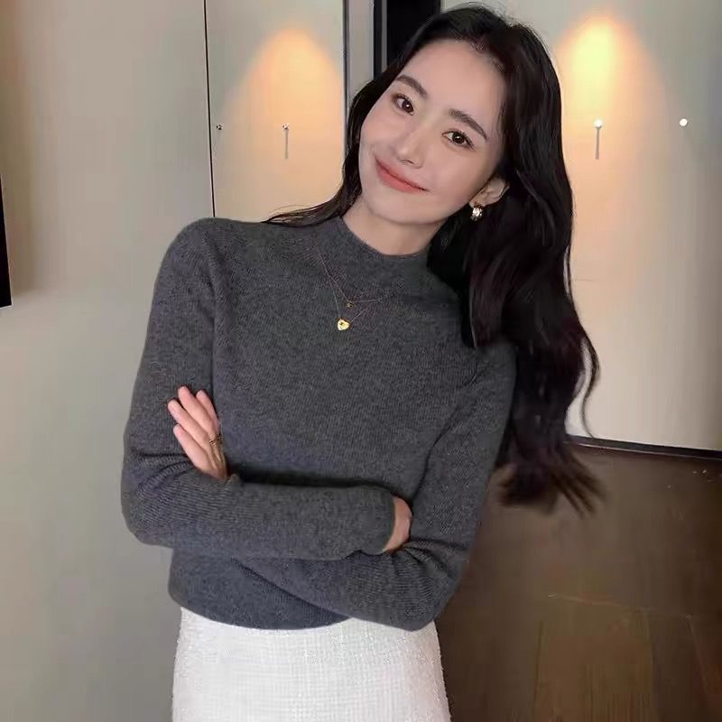 洋气纯色半高领修身内搭打底毛衣女装春秋2025新款正肩长袖针织衫|undefined