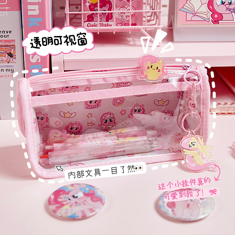 Dolor bebé pony bolsas de lápiz de alto valor de la cara de los estudiantes de primaria caja de lápiz triangular transparente niñas bolsas de papelería de gran capacidad