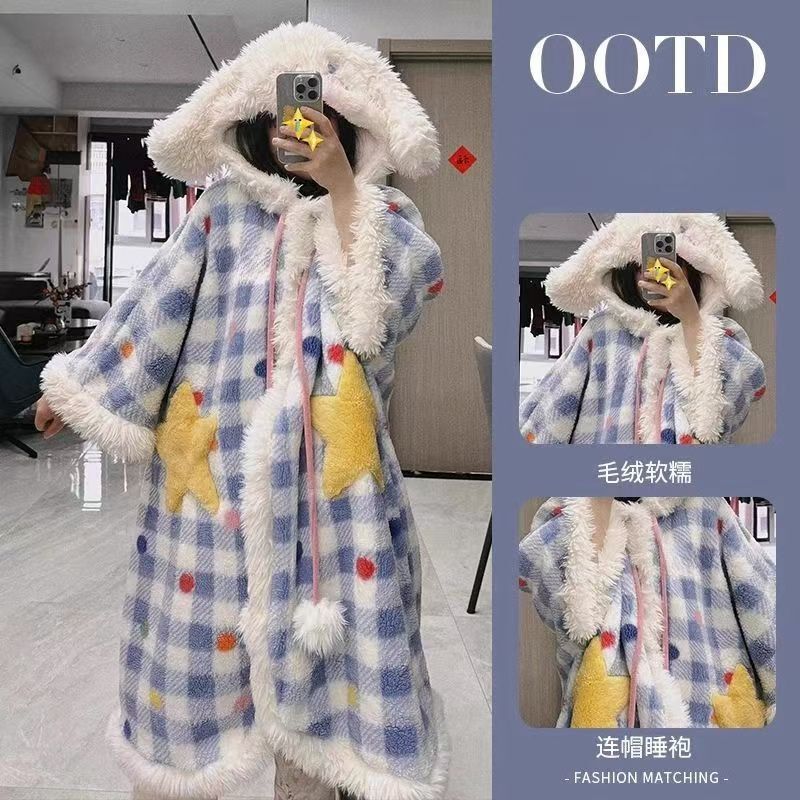 卡通可爱米奇连帽珊瑚绒睡袍加绒斗篷加厚恐龙梨家居服披肩款网红|undefined