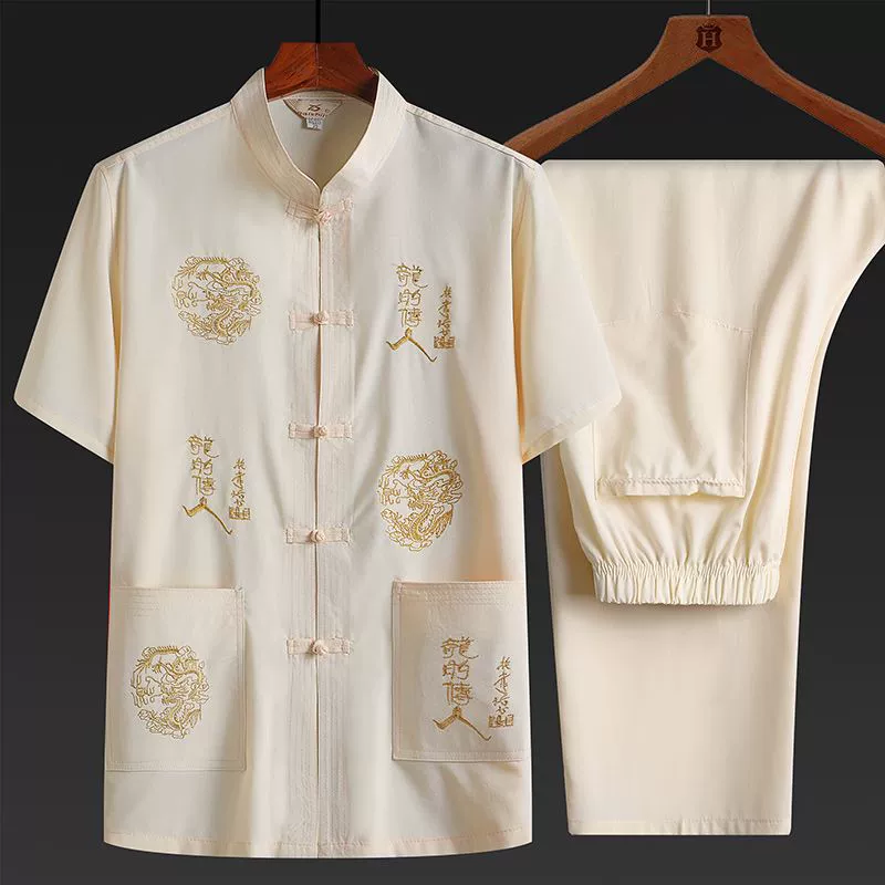 Summer retro silk thin set for boys for elderly, Chinese style, with short sleeve, with embroidery