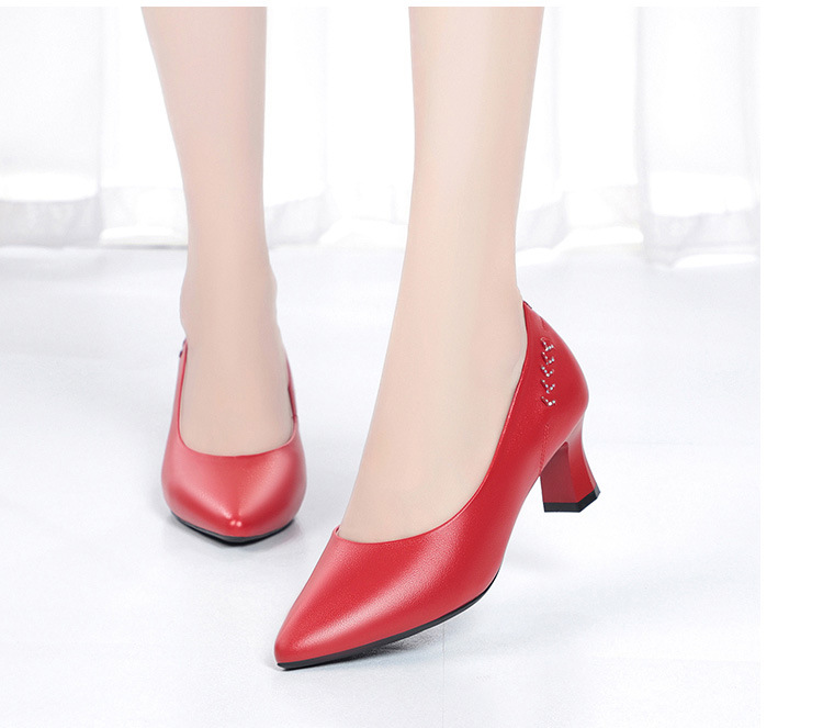 Giày cao gót nữ mũi nhọn da thật gót thô chống trượt — Màu be chi tiết 16