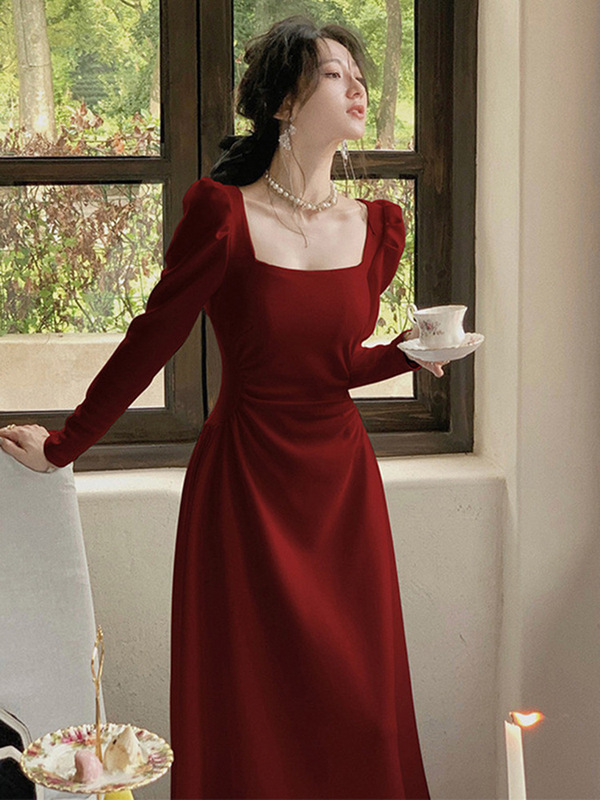 红色长袖连衣裙女春秋法式订婚礼服新娘敬酒服平时可穿红裙子长裙|undefined