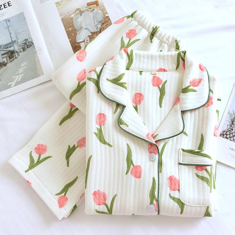 保暖睡衣女大码三层夹棉女套大码花色家居服暖气房长袖长裤秋冬新