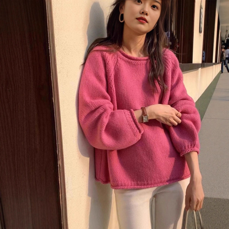 法式洋气黄色针织衫毛衣套头2025新款女早秋粗棒针宽松慵懒风上衣|undefined