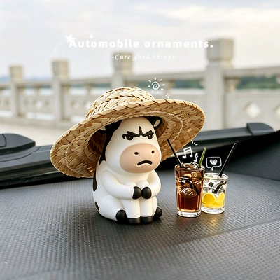 Emo Grassland Cow Car Car ornaments - straw-hat-cow-2-drinks-free-traceless-glue