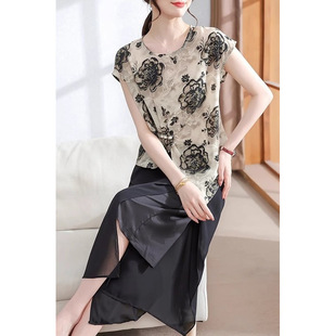 Middle-Aged Mother Summer Thin T-Shirt Suit 2025 New Chiffon Top Elderly Women Wide-Leg Pants Two-Piece Set