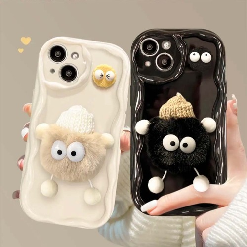 INS-style cream shell 11, plush coal ball figure 12, suitable for iPhone 15 Pro Max, Apple 14 phone case 13