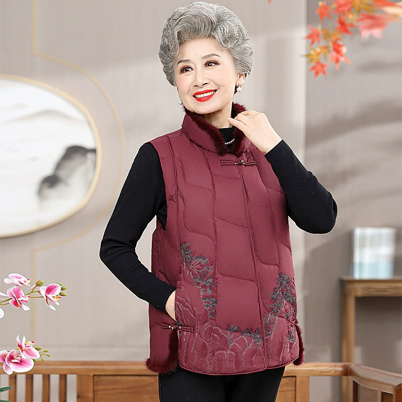 90 белая утка пуховик среднего и пожилого возраста Вышивка мама пуховик жилет пожилая мама пальто осень-зима
