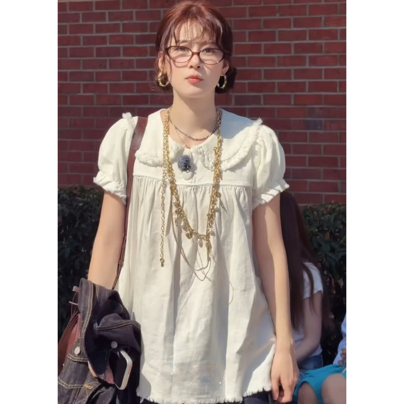 5-Day Delivery Zhao Zhaoyi's Same Style Raw Edge Design Pure White Cotton-Linen Doll Collar Short-Sleeve Shirt Top Loose Fit with a Youthful Vibe