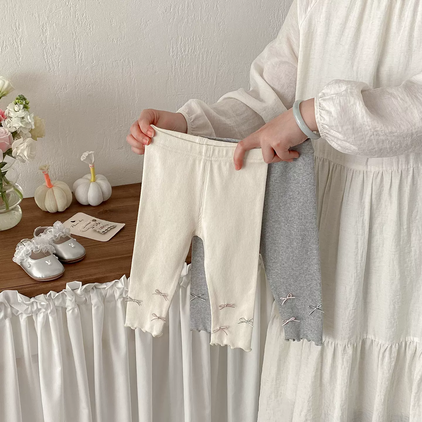 点兮春季新款婴幼儿裤脚立体蝴蝶结打底裤女宝宝洋气百搭可爱裤子