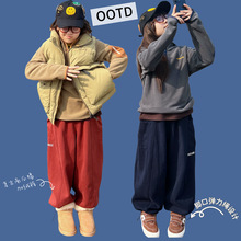 2025秋冬儿童新款加绒卫裤男女童拼接字母印花大口袋休闲运动裤