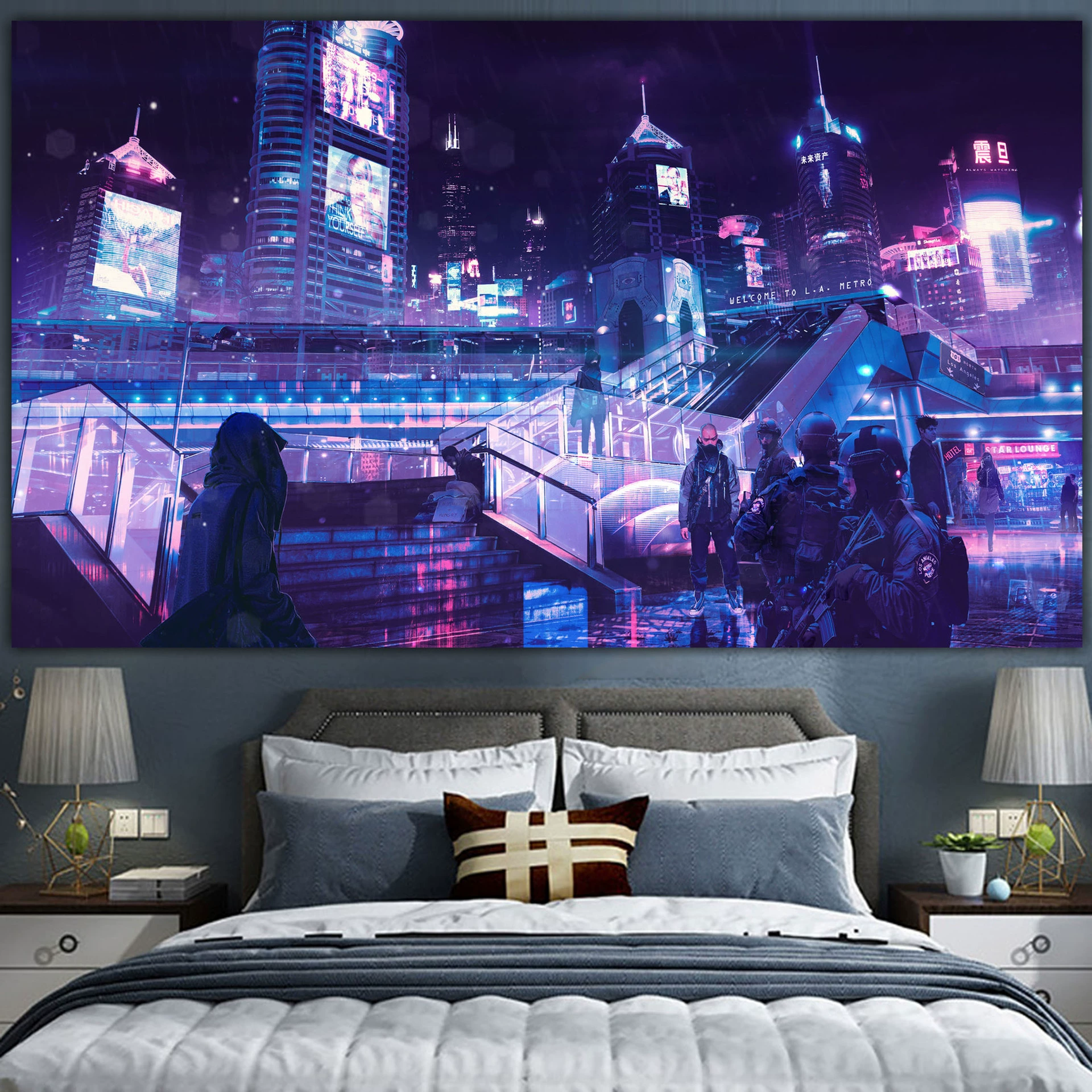 Постер cyberpunk неоновый город, размеры 38×65 см, 85×155 см, 110×200 см