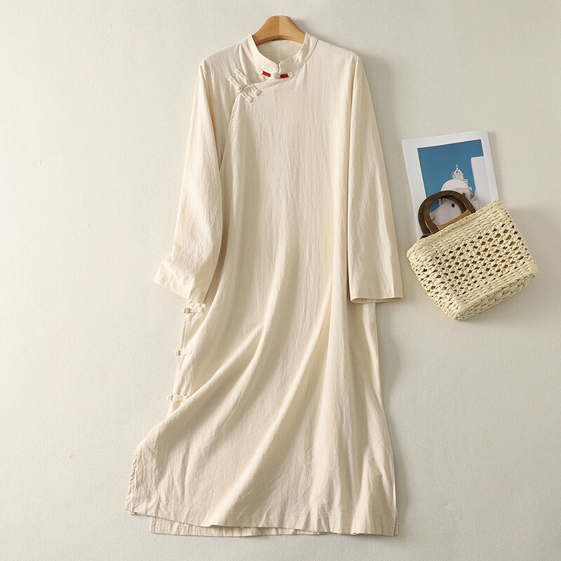 Chinese-Style Buttoned Solid Color Cotton-Linen Shirt for Women, Spring Long-Length Zen-Inspired Tea Dress with Stand Collar and Long Sleeves, Qipao Dress Top Chinese-Style Buttoned Solid Color Cotton-Linen Shirt for Women, Spring Long-Length Zen-Inspired Tea Dress with Stand Collar and Long Sleeves, Qipao Dress Top