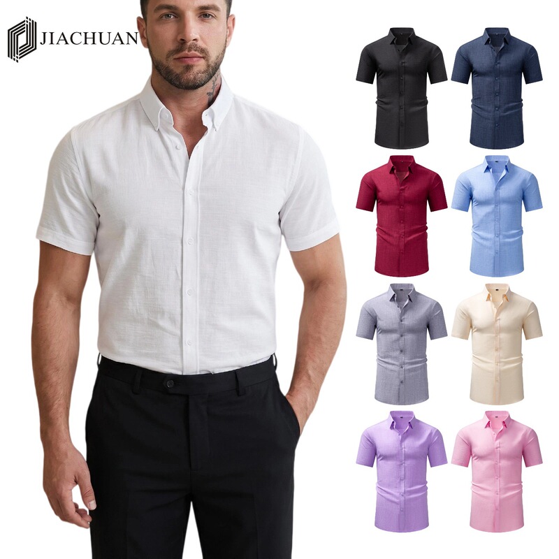 Jiachuan Cross-Border Specializes in Supplying Imitation Linen Men's Short-Sleeved Shirts with Lapels, Casual Retro Shirts, Fashionable High-End Shirts for Men