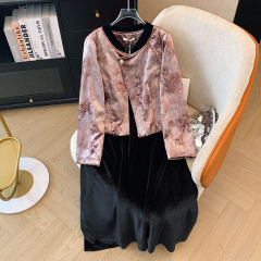 300斤の大きいサイズの婦人服の太ったmmの新しい中国式の短いコートのワンピースの復古の古いお金の風の2セットの秋冬の新型