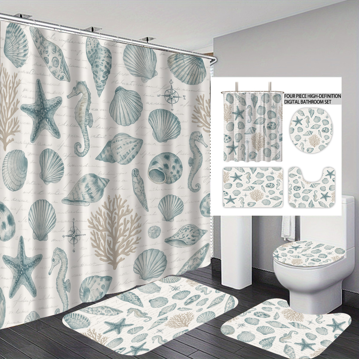 Temu cortina de baño impermeable personalizada serie de elementos marinos 3D impresión poliéster cortina de baño de cuatro piezas fábrica image 7