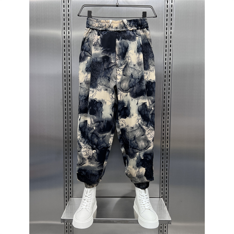 夏季痞帅花色休闲裤男潮流撞色小脚九分裤韩版时尚宽松大裆哈伦裤