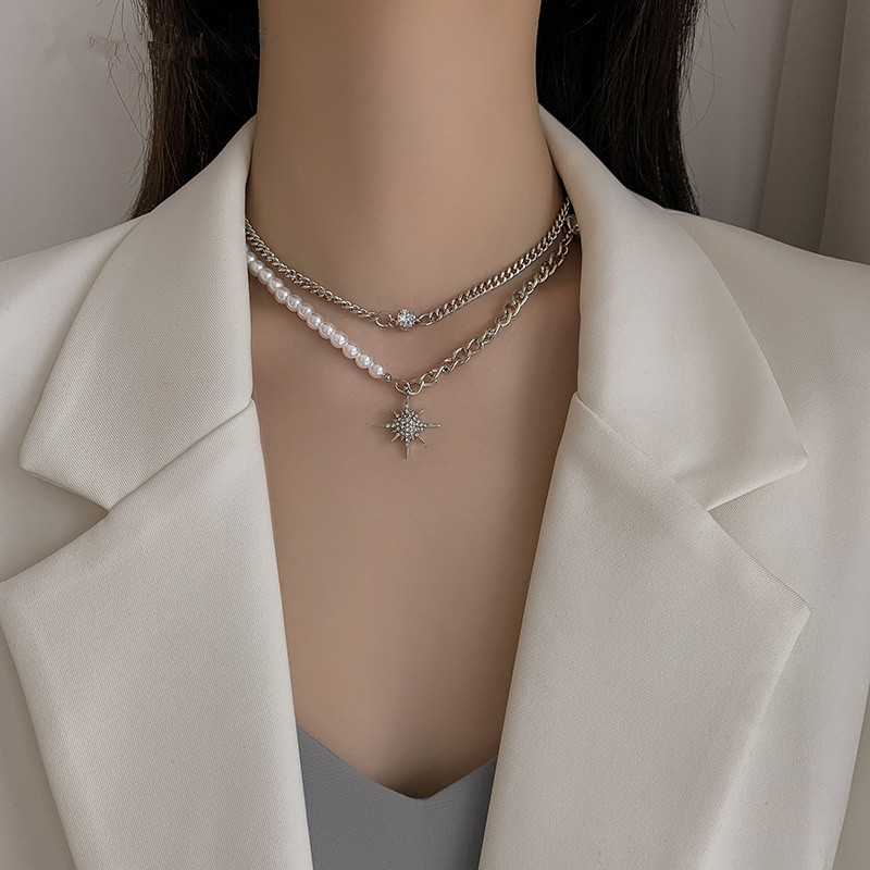 vintage trend star shaped pendant pearl chain asymmetrical necklace wholesale