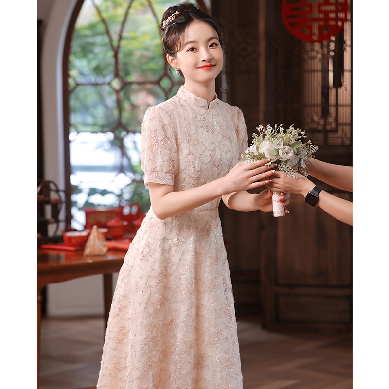 Pink Engagement Evening Dress for Women 2026 New Style High-End Cheongsam Dress Light Luxury Niche High-End Floral Chinese Style