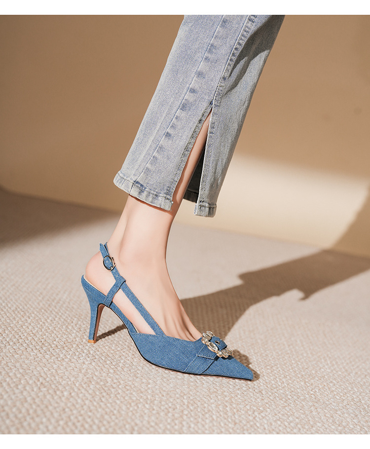 7755-5 Denim Blue Style Belt Buckle Closed Sandals Front Open Back Thin Heel High Heels Commuting_voghion.com