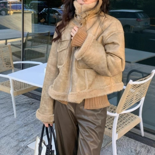欧货外贸驼色美拉德兔绒皮毛一体短款外套加厚宽松夹克立领保暖