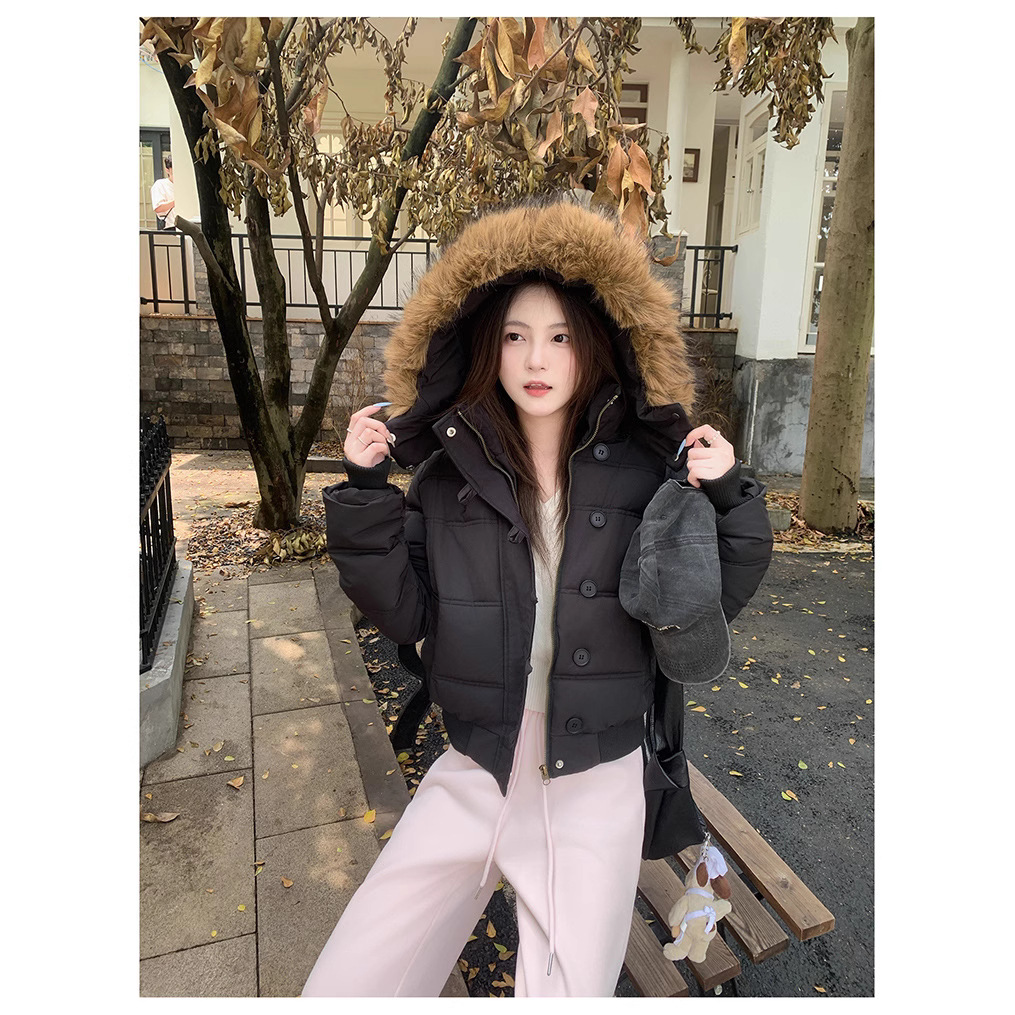 Coreano desmontable sombrero abrigo de algodón de cuello de lana mujer 2025 invierno nuevo abrigo de algodón corto suelto y delgado image 1