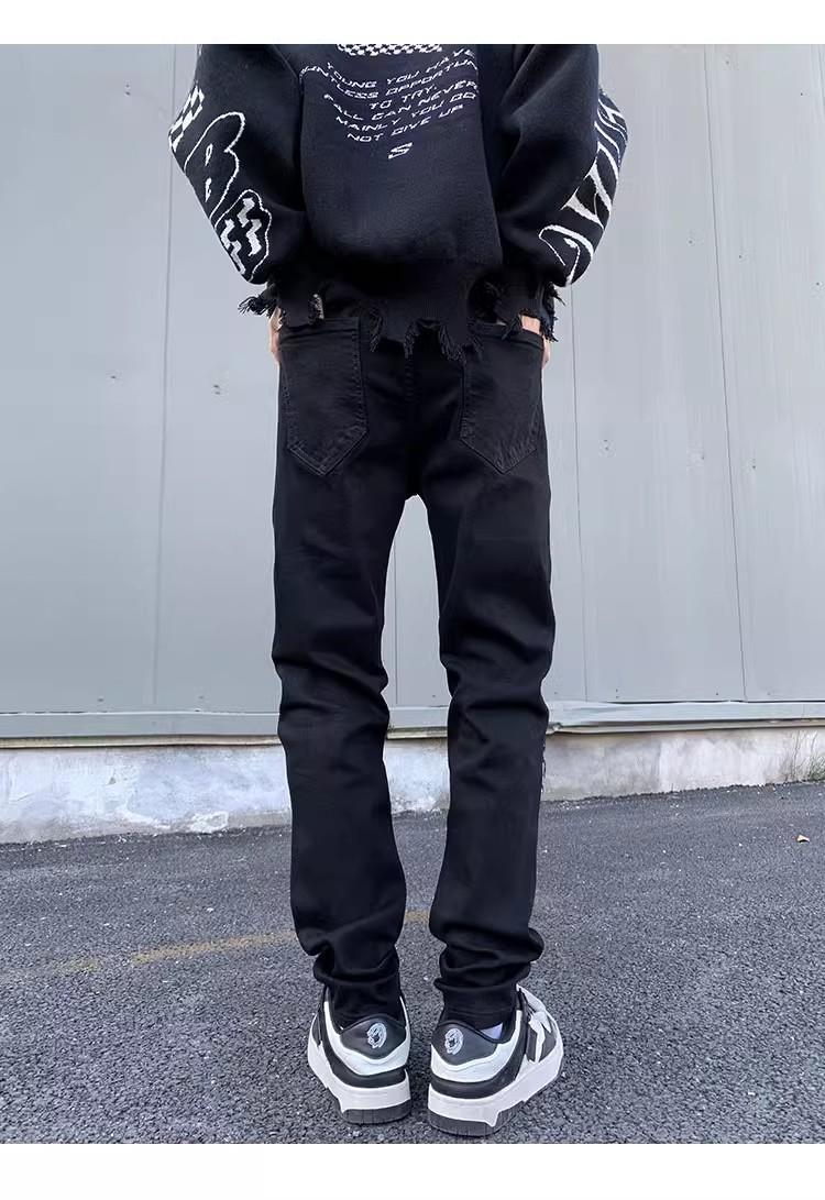 2025 Spring And Autumn Versatile Fashion Black Distressed Design Jeans Washed Wear-resistant Youth Long Pants Men's Cool_mkmklike.com