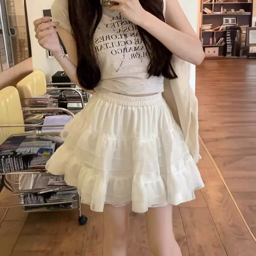 芭蕾风仙女网纱蛋糕蓬蓬裙白色女夏季高腰时尚显瘦A字百搭半身裙