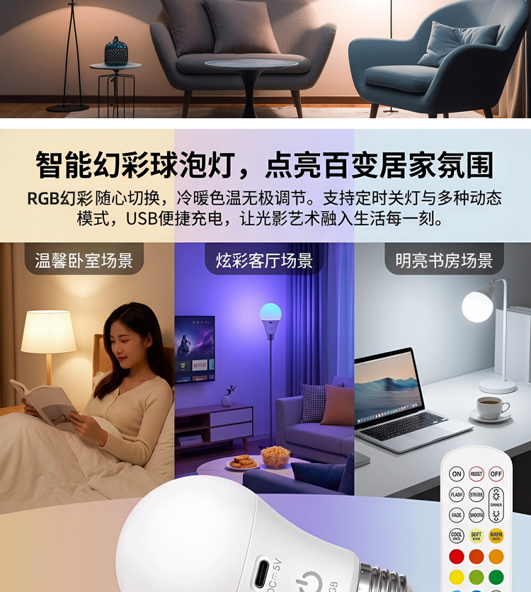 跨境热销智能遥控调色定时关灯多功能 RGB 全彩灯泡E27家用氛围灯