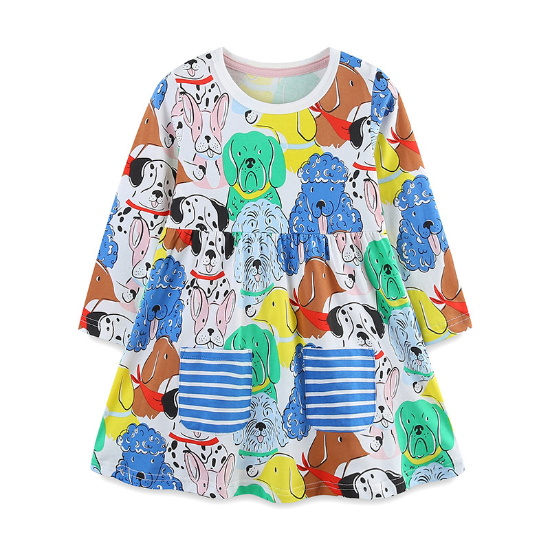 Otoño nuevos vestidos de niñas vestidos infantiles europeos y estadounidenses vestidos princesas de dibujos animados bolsillo de cuello redondo vestidos infantiles de mangas largas