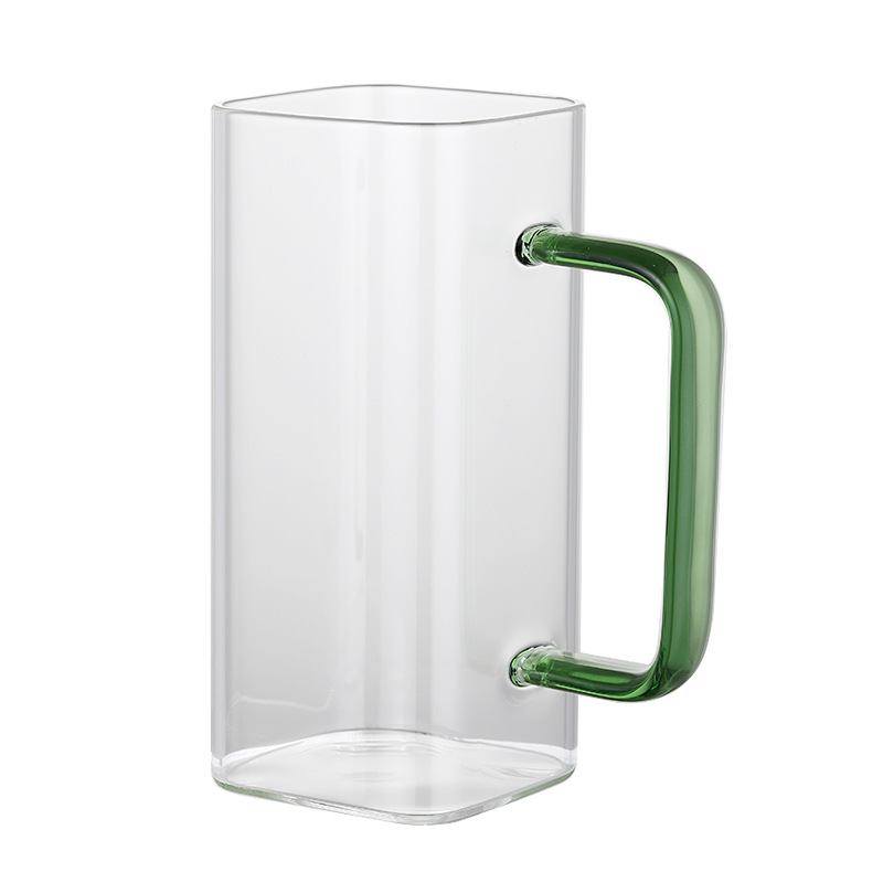 Taza cuadrada de vidrio al por mayor con asa de color, taza para té de flores, taza para jugo y leche de pared recta con asa, taza para preparar té, taza para agua, alto borosilicato.