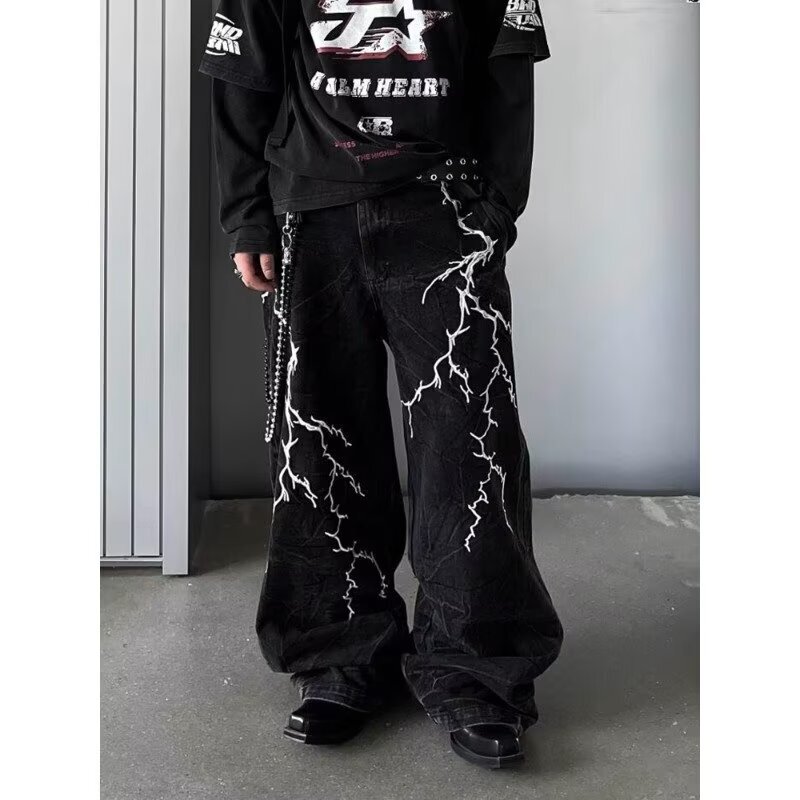 American Retro Niche Design Embroidered Lightning Loose Jeans Unisex Casual Street Straight-Leg Floor-Length Pants