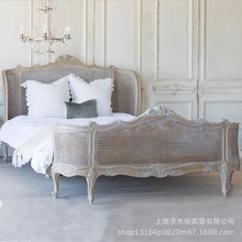 美式乡村实木藤编1.8M大床民宿中古风主卧藤床复古做旧雕花婚床