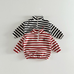 2024 Spring Collection Kids' Upgraded Striped Collar Semi-Zip Sweatshirts for Boys and Girls - Korean Children's Apparel