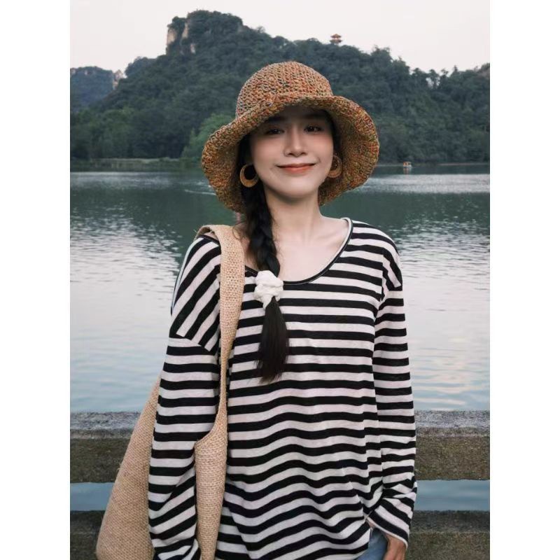 Retro en forma de V para mujeres sueltas versátiles camisetas de mangas largas mujeres verano 2026 nuevo estilo casual delgado rayas camisetas largas image 1