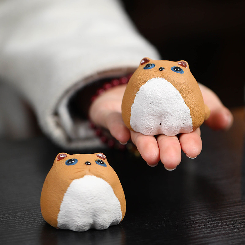 紫砂茶宠摆件创意茶盘茶台装饰精品可养萌猫猫咪茶玩小摆件茶配件