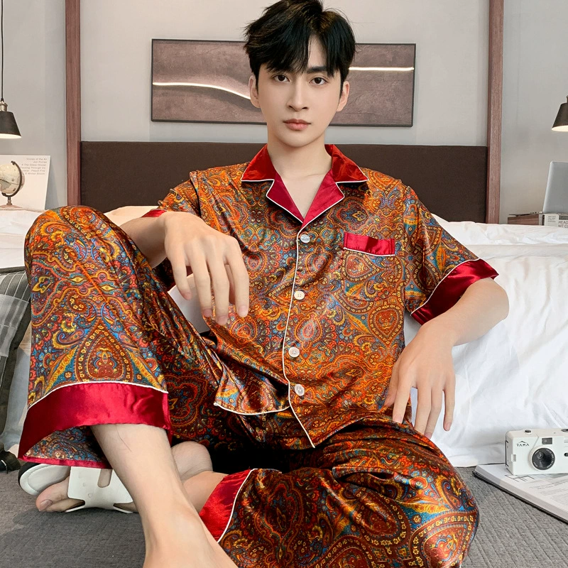 Summer pijama, men's silk thin trousers, set, with short sleeve, for teenagers