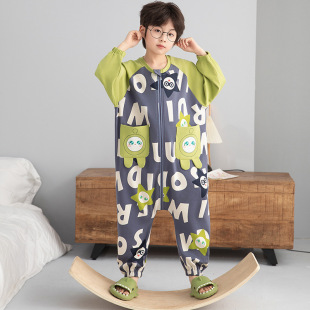 2025 spring new children's one-part pajamas boys and girls cotton one-part parent-child cartoon big child kick-proof sleeping bag