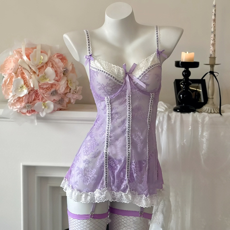 Rose Cloud Sexy Pure Desire Lace Push-Up Underwire Date Nightdress Women's See-Through Strap Nightdress Home Wear Women's Silky Smooth