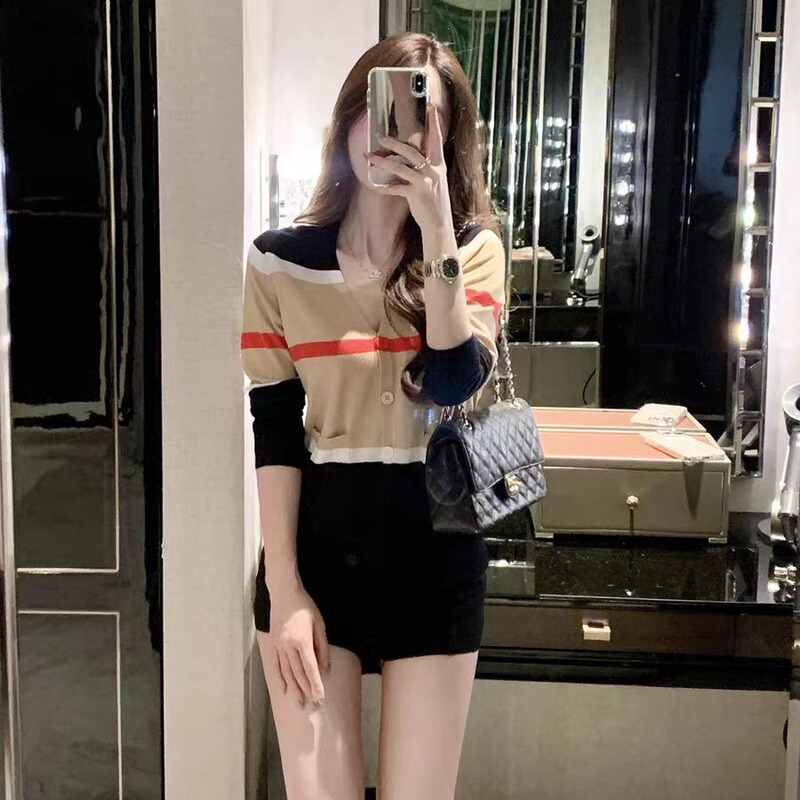 JustQin巴宝栗 2025新款秋装条纹针织衫修身小衫毛衣女外套|undefined