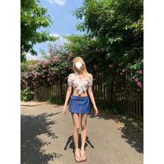 套装女2025夏季新款欲风绑带短款衬衫上衣高腰蓝色碎花半身裙潮