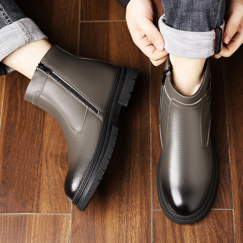 Piel de vaca de primera capa invierno nuevos zapatos de algodón para hombres botas cálidas de lana alta cuero más terciopelo zapatos casuales para hombres