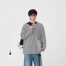爆款V领春秋时尚百搭条纹T恤打底衫长袖T恤男士拼接圆领打底衫