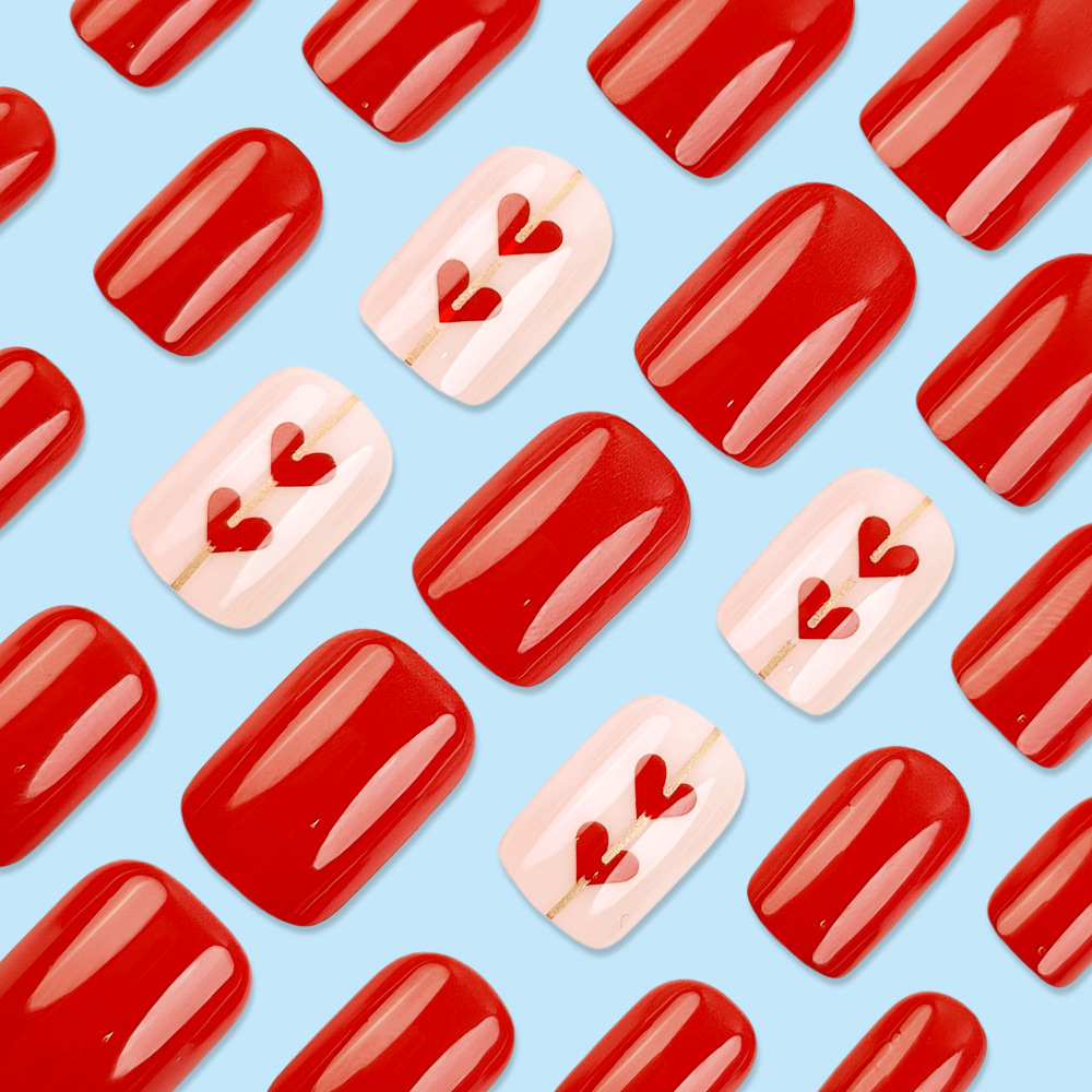 Día de San Valentín blanco de uñas rojo simple parche de uñas corto venta cruzada corazón conectado usar uñas