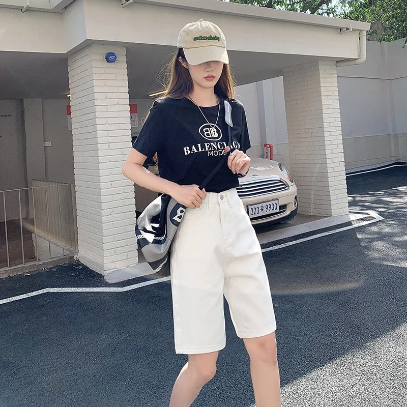 White American-Style High-Waisted Denim Shorts for Women, Summer Petite Wide-Leg Shorts, Loose Retro Straight Mid-Length Shorts