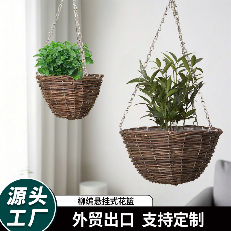 Cestas colgantes de estilo europeo de estilo pastoral tejido de sauce tejido a mano cestas colgantes de sauce rojo balcón jardín vivienda floral creativa
