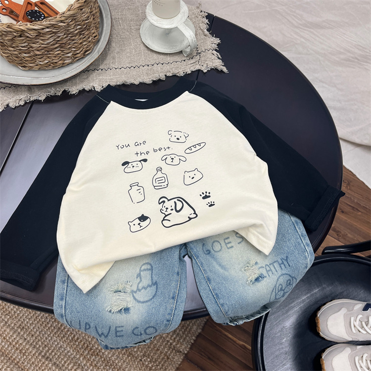 Blugi pentru copii, primăvară și bebeluși la modă pentru toamnă, versiune coreeană, model graffiti cu picior drept pentru băieți._voghion.com